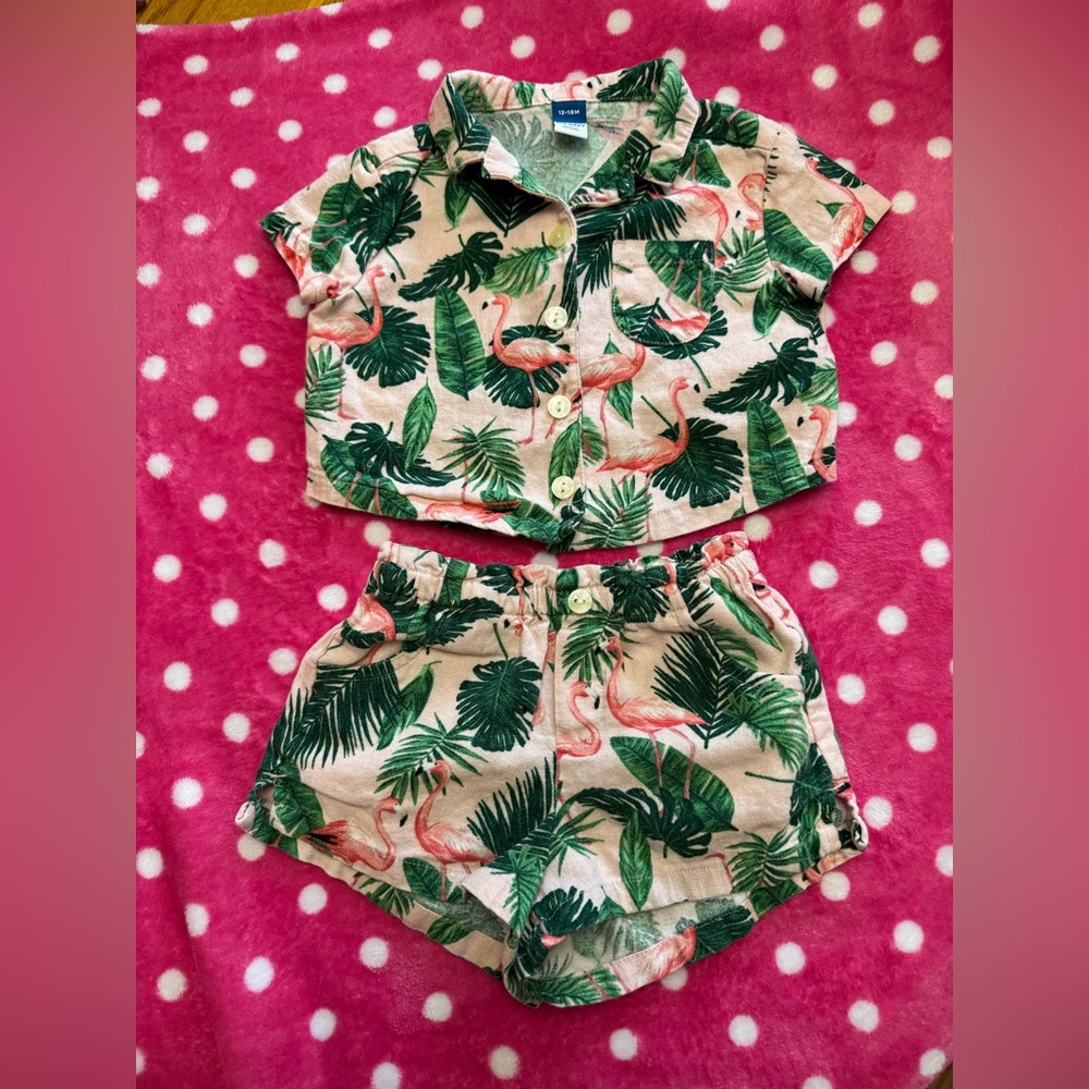 Old Navy Flamingo & Palm Leaves 2 pc Pink & Green Short Shirt Set